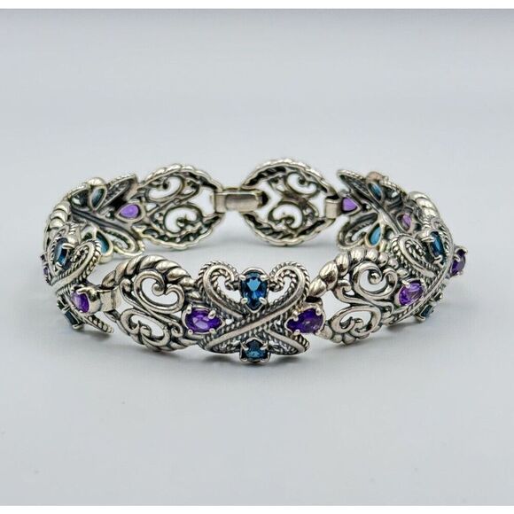 Carolyn Pollack 925 Sterling Silver Amethyst & Blue Topaz Openwork Bracelet 7.75 - Picture 1 of 13